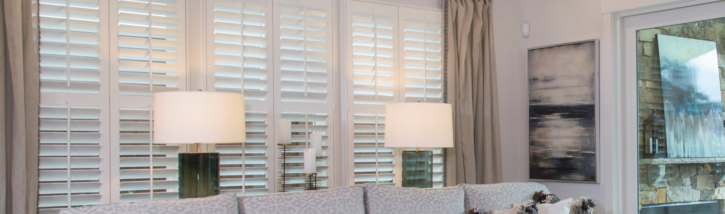 White plantation shutters in a living room